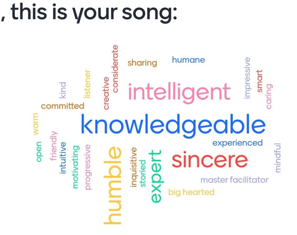 Word cloud poem for a third team mate, led by knowledgeable, intelligent and sincere